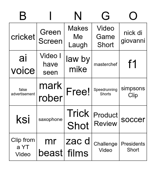 YT Shorts Bingo Card