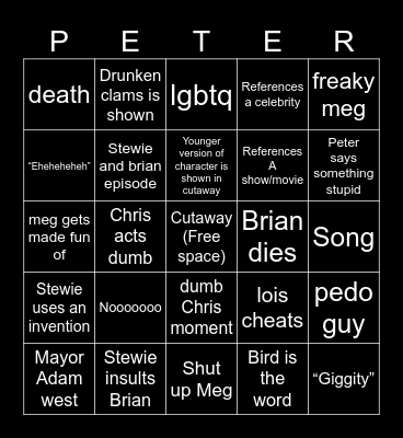Family guy Bingo Card