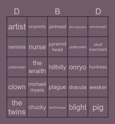 DBD [Killer Taming] Bingo Card