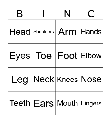 Body Parts Bingo Card