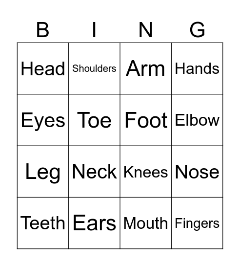 Body Parts Bingo Card