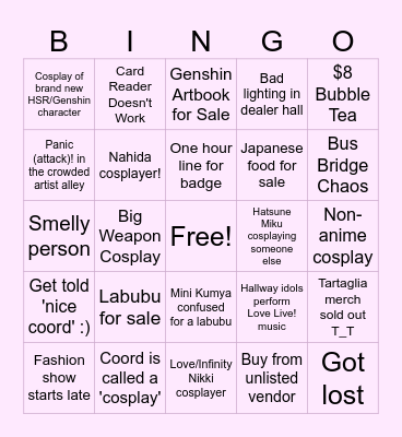 Anime Con 2025 Bingo Card