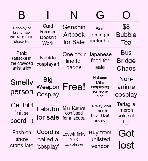 Anime Con 2025 Bingo Card
