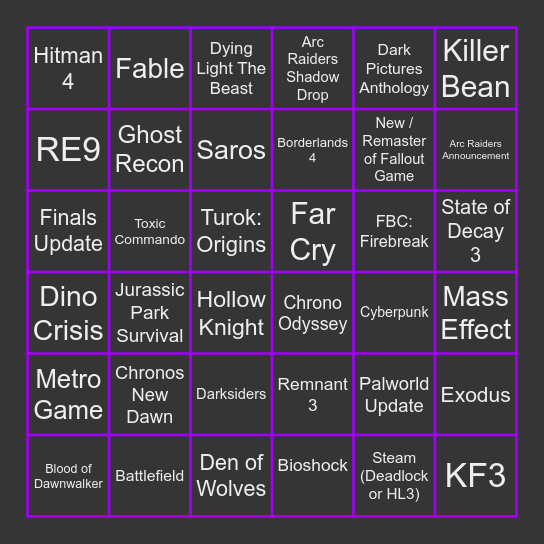 Summer Game Fest / Future Game Show Bingo Card