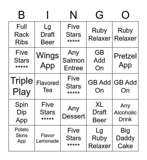 Ruby Tuesday Bingo Card