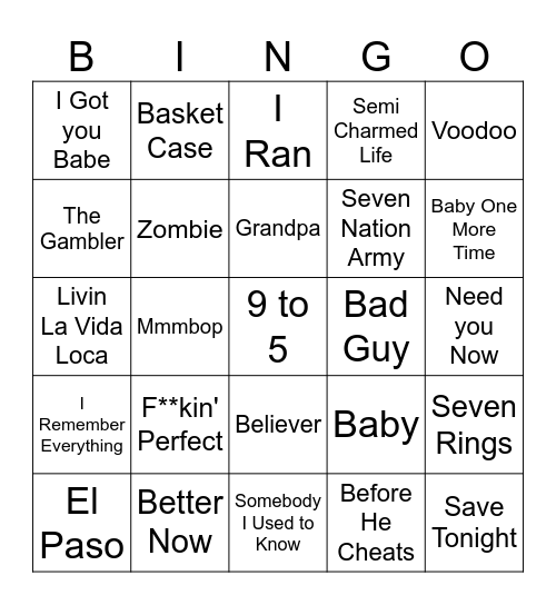 Music Bingo Card