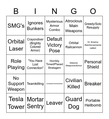 Helldivers Quickplay LFG Bingo Card