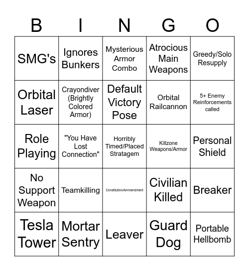 Helldivers Quickplay LFG Bingo Card