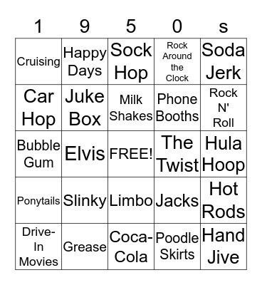 Fifty's Sock Hop Bingo Card