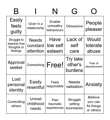 Codependency Bingo Card