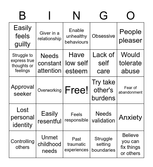Codependency Bingo Card
