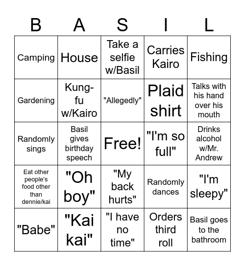 Basil's Birthday Bingo Card