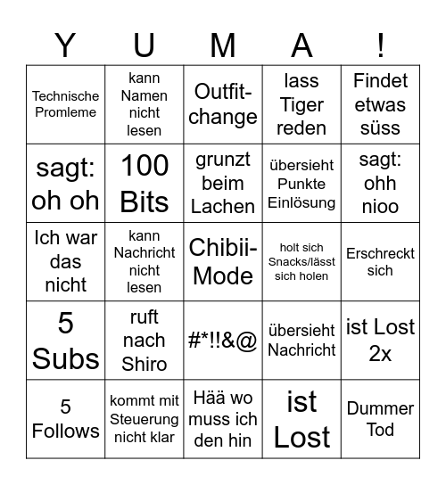 Yuma Luma Bingo Card