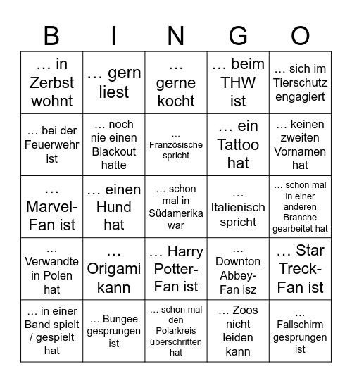 Finde eine Personen, die … Bingo Card
