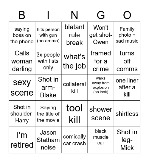the statham movie Bingo Card