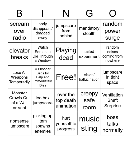Horror game bingo Card
