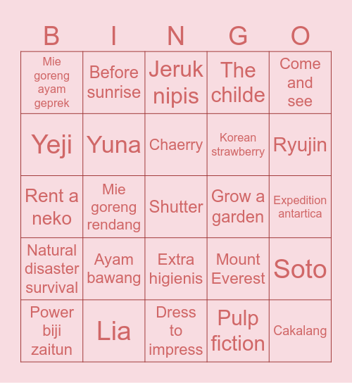Yian Bingo Card