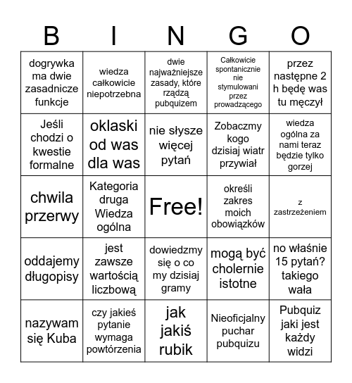 Ostatni pub quiz Kuby Bingo Card
