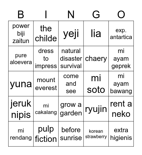 nom Bingo Card