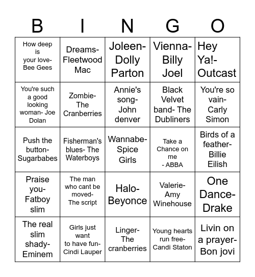music bingo Card