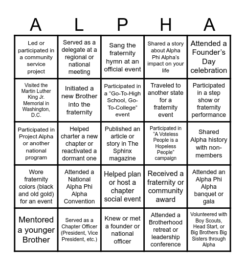 Alpha Phi Alpha Bingo Card