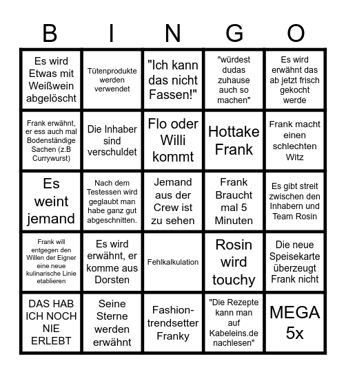 Rosins Restaurant Bingo Card