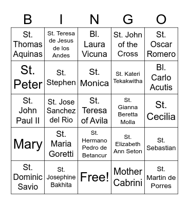 Saints Bingo Card