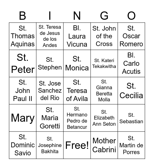 Saints Bingo Card