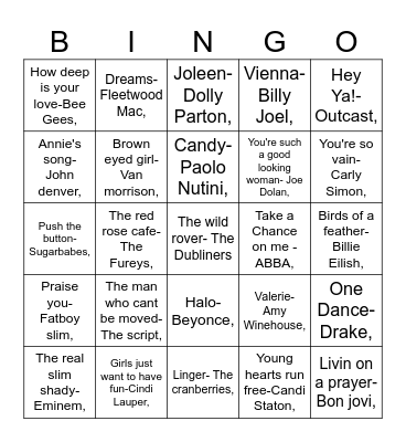 music bingo Card