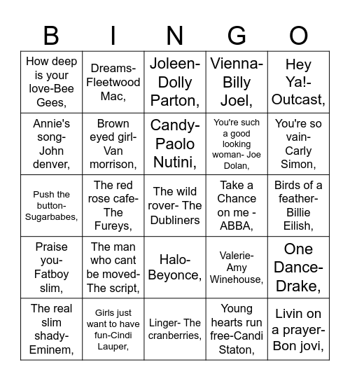music bingo Card
