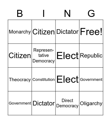 Social Studies Government Vocabulary Bingo Card