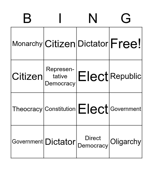 Social Studies Government Vocabulary Bingo Card