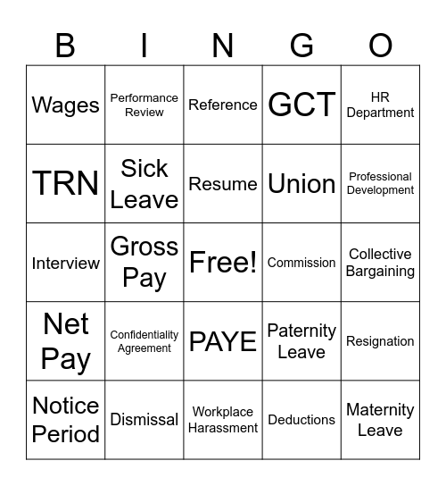 Employment Bingo Card