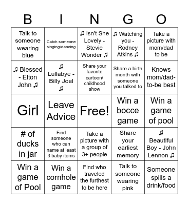 Baby Shower Bingo Card