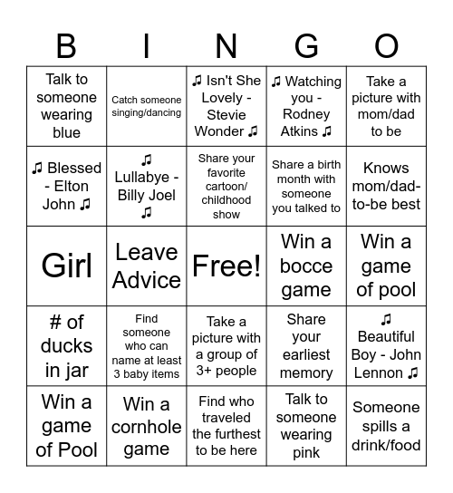 Baby Shower Bingo Card