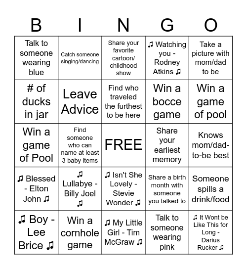 Baby Shower Bingo Card