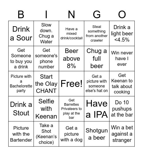 Keenan’s Bachelor Party Bar Crawl Bingo Card