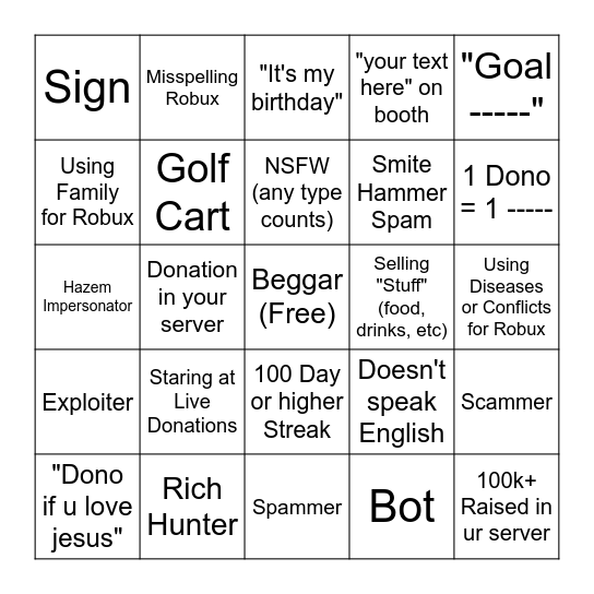 PLS DONATE Bingo (Game only) Bingo Card