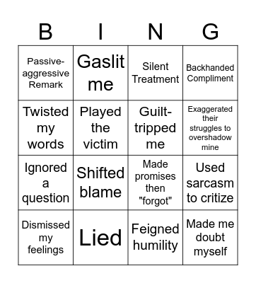 Holiday with a Covert Narcissist Bingo Card
