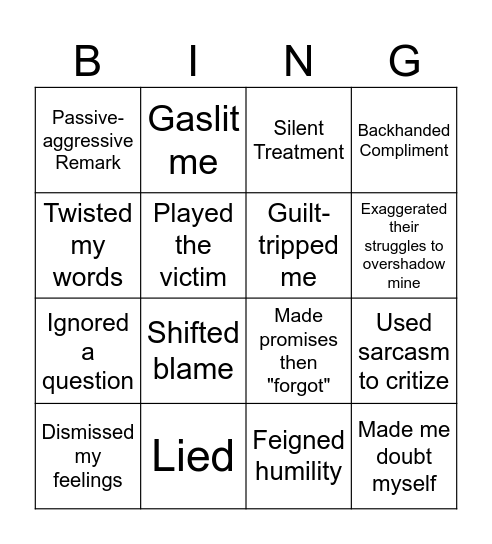 Holiday with a Covert Narcissist Bingo Card