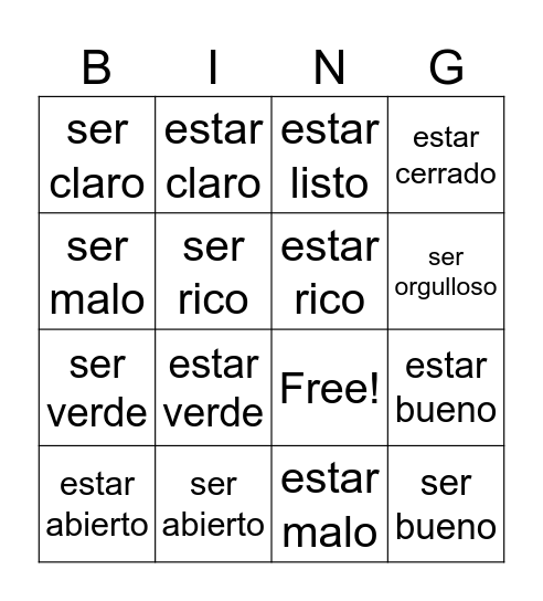 ser /estar Bingo Card