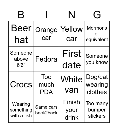 Bar Crawl Bingo Card