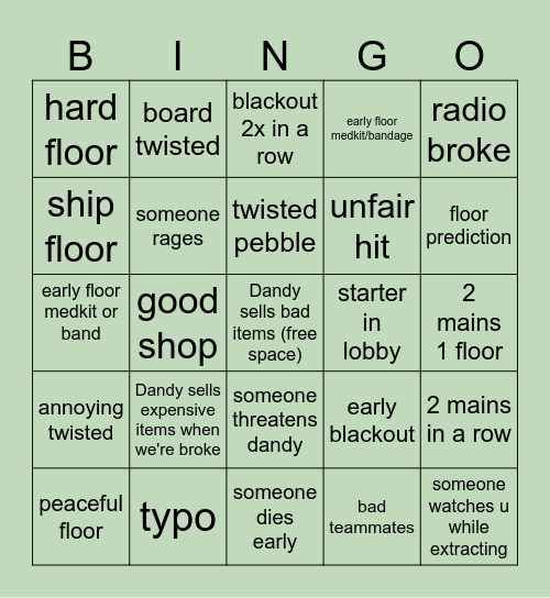 Dandy's World Run Bingo Card