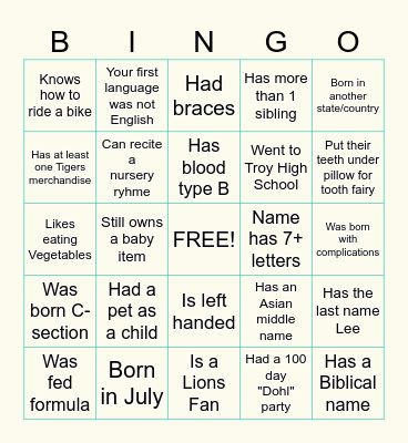 Baby Shower Human Bingo Card