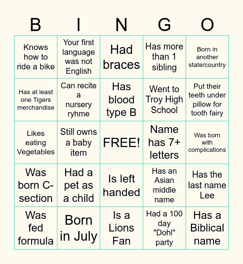 Baby Shower Human Bingo Card