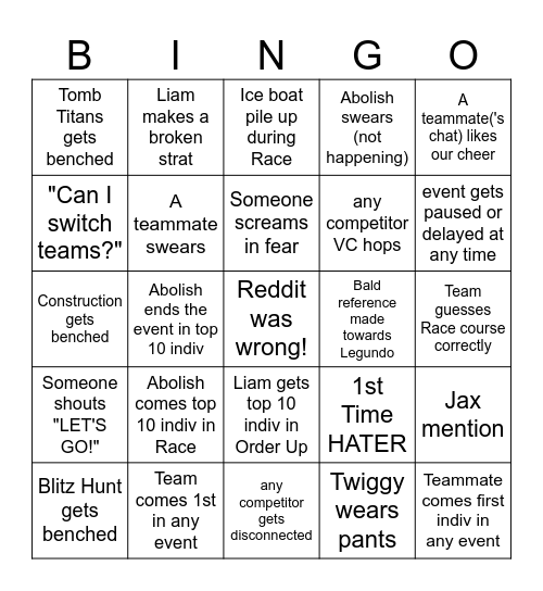 BlockWars PurpPhantoms BINGO Card