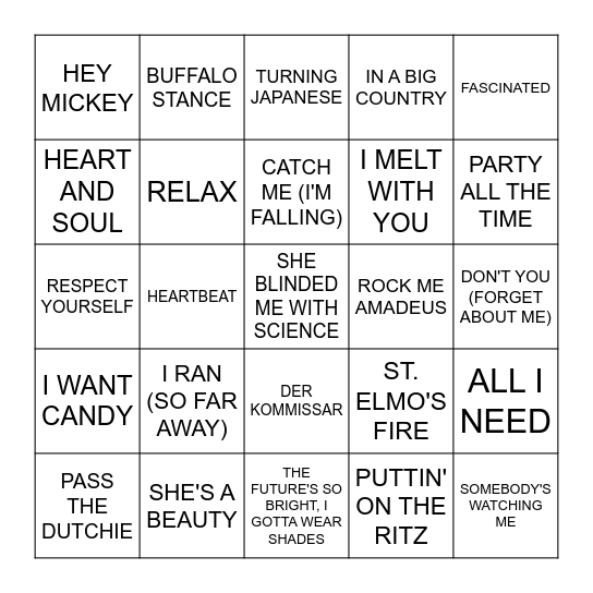 ONE HIT WONDERS 1980'S Bingo Card