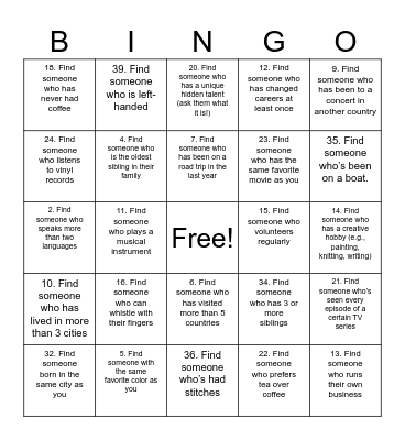 Human Scavenger Hunt Bingo Card