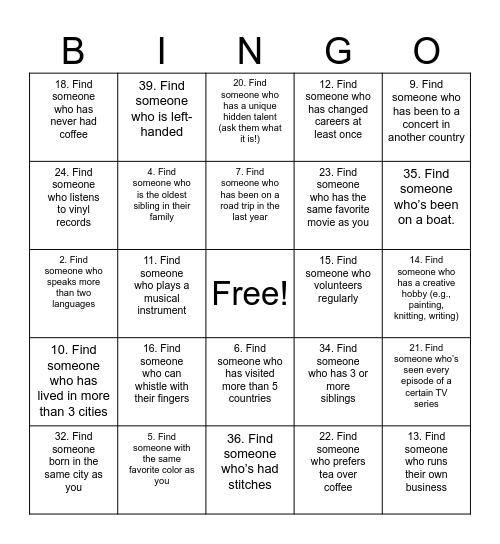 Human Scavenger Hunt Bingo Card