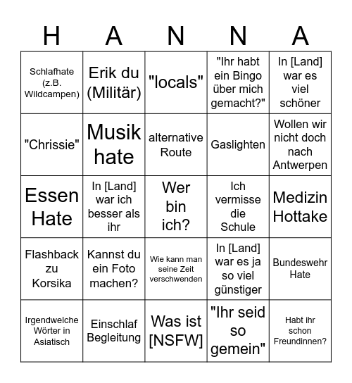 Hännäh Biingö Bingo Card